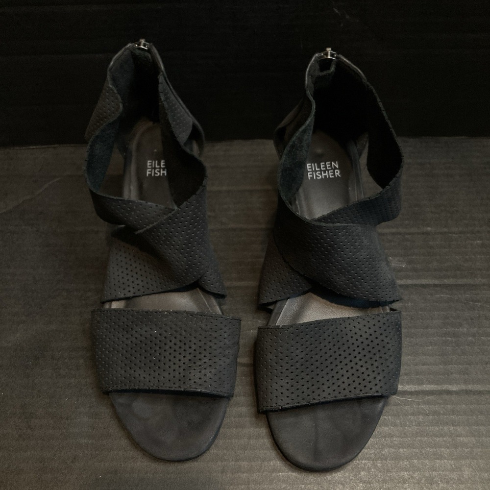 Eileen Fisher Sport Platform Wedge Sandal Black Perforated Suede, 7.5, Back Zip